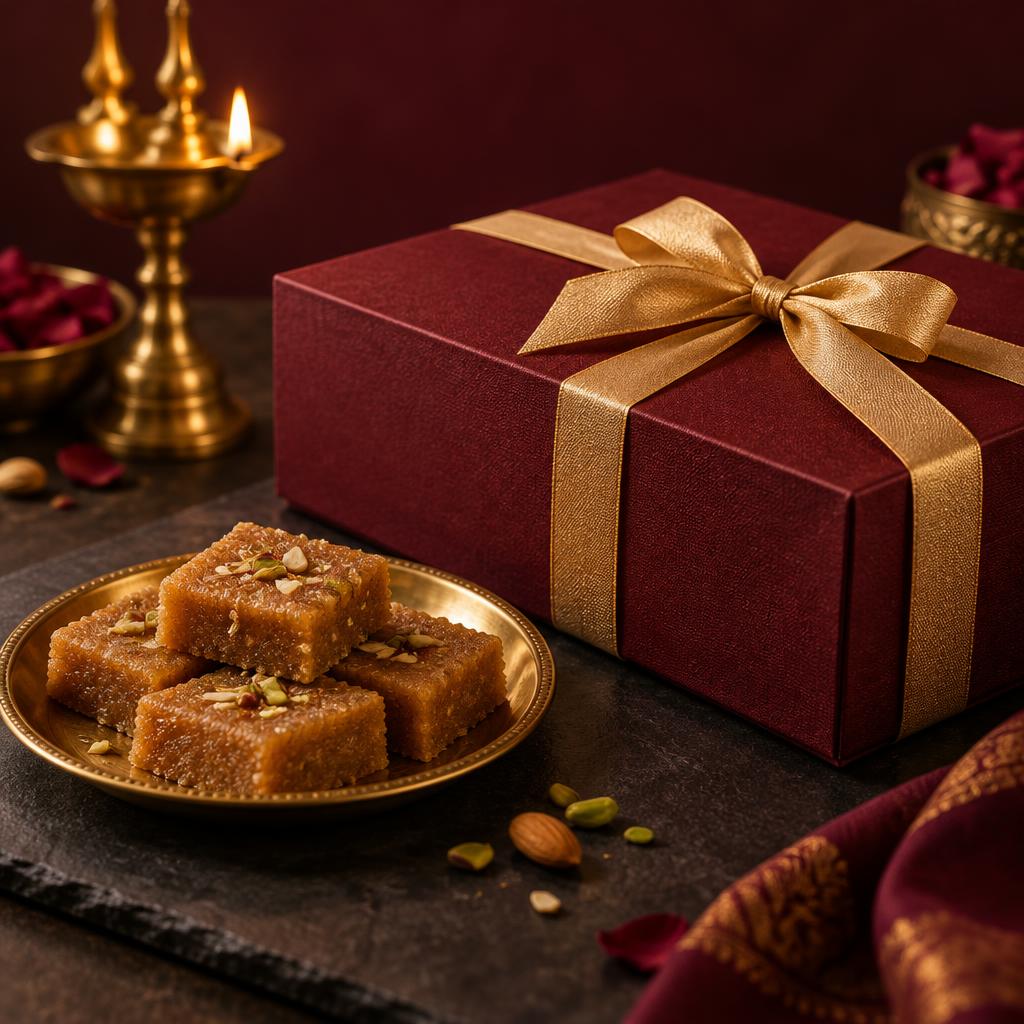 Maroon gift box with a gold ribbon beside halwa squares