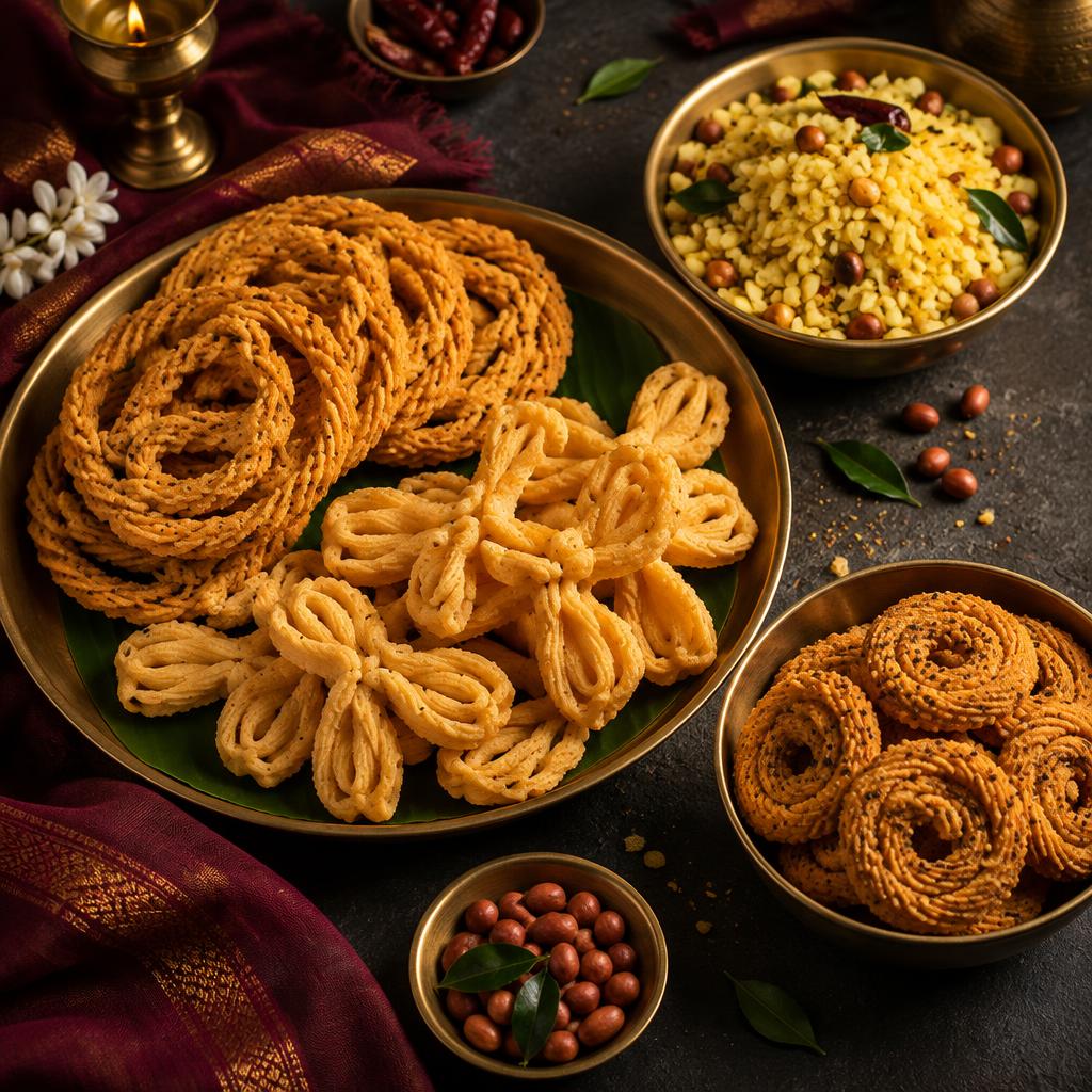 Traditional South Indian snacks in brass bowls