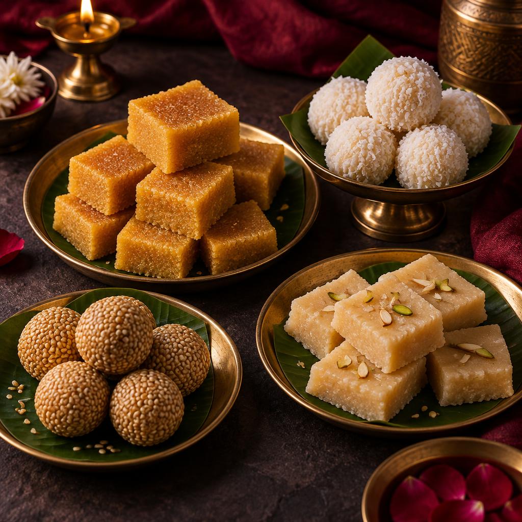 Assorted traditional Indian sweets on brass platters
